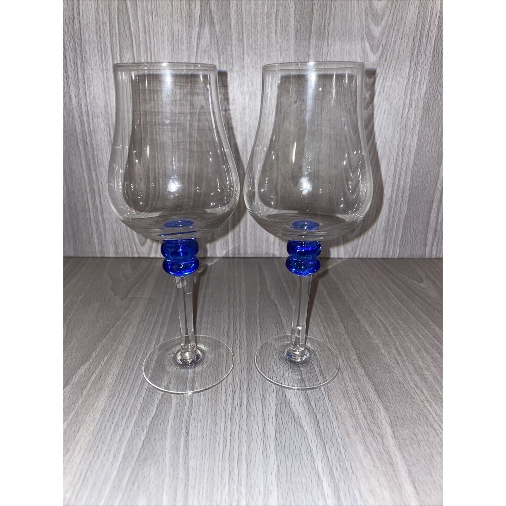 Vintage Pair 8 Inch Tulip Shaped Wine Glasses Clear With Cobalt Accent
